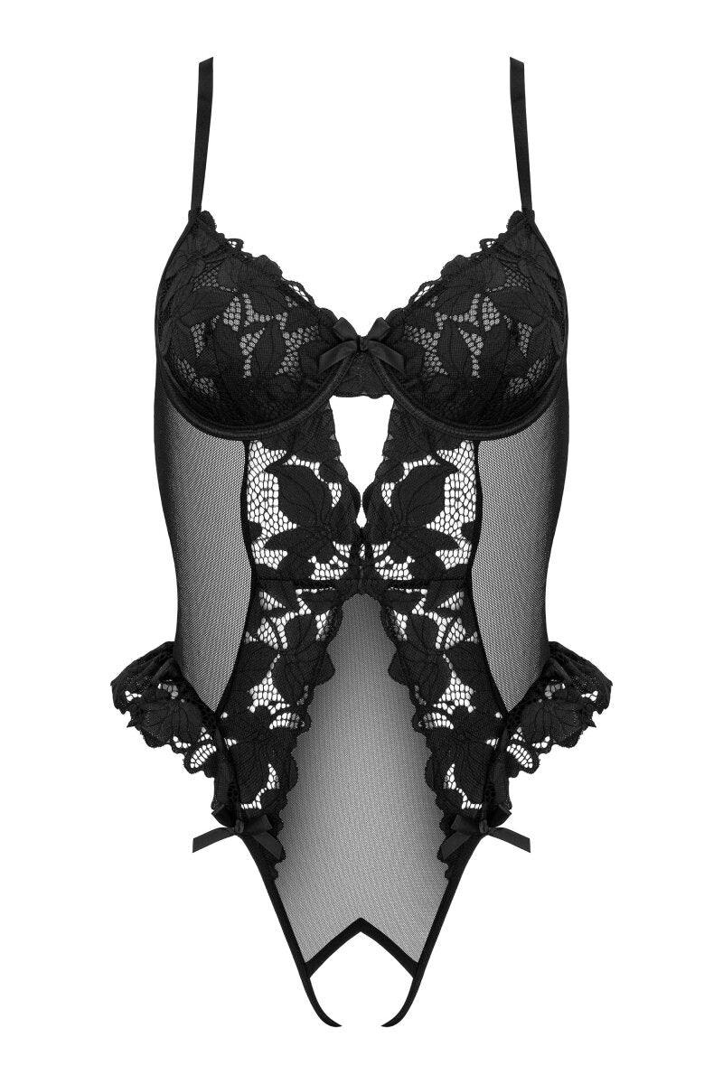 Zwart kanten open body met volants