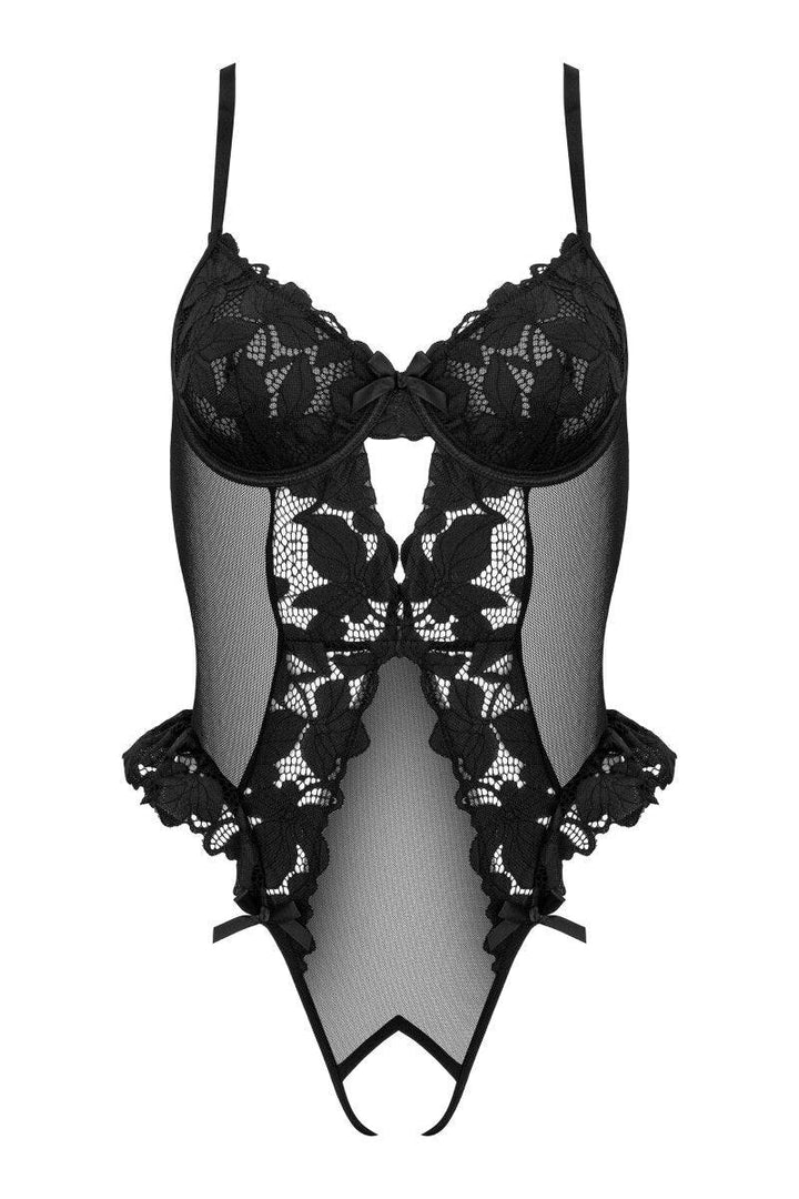 Zwart kanten open body met volants