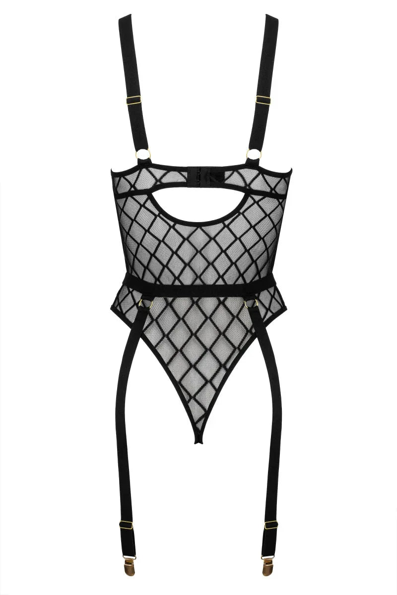 Zwarte mesh body met ruitpatroon en jarretelgordel