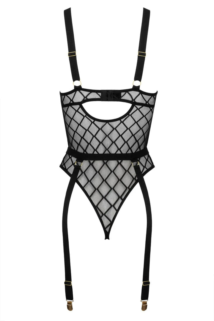 Zwarte mesh body met ruitpatroon en jarretelgordel
