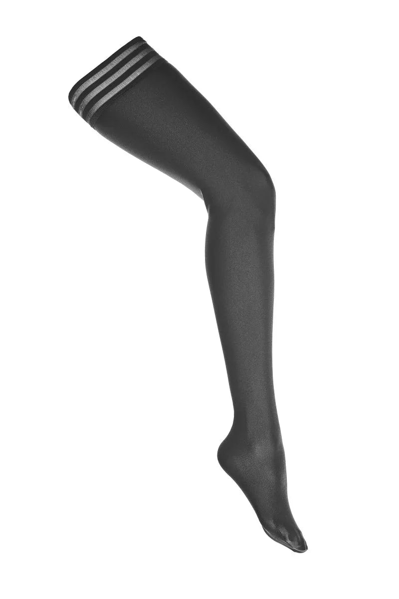 Wetlook zwarte kousen met gestreepte tailleband