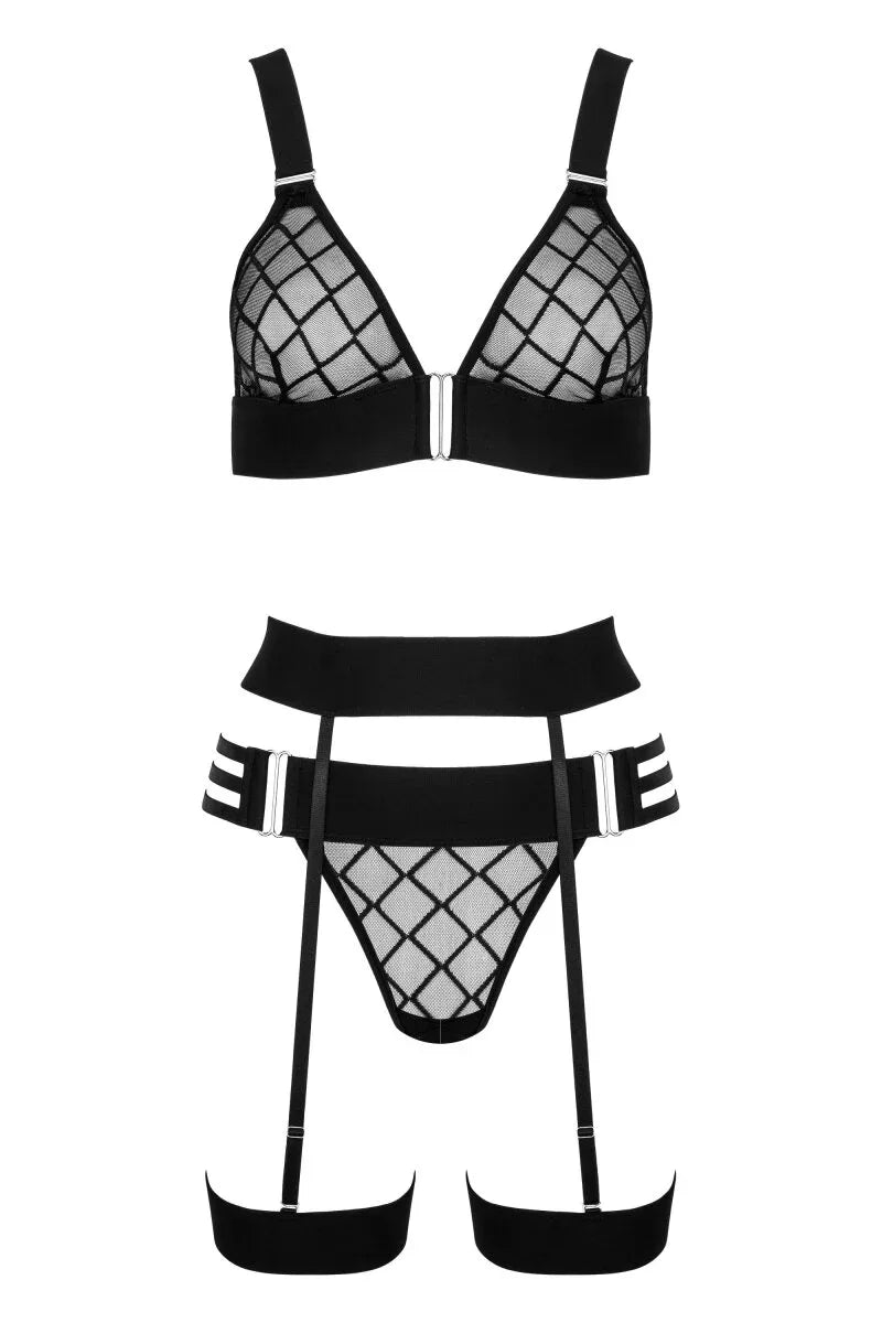 Zwarte mesh lingerieset met tailleband 3-delig