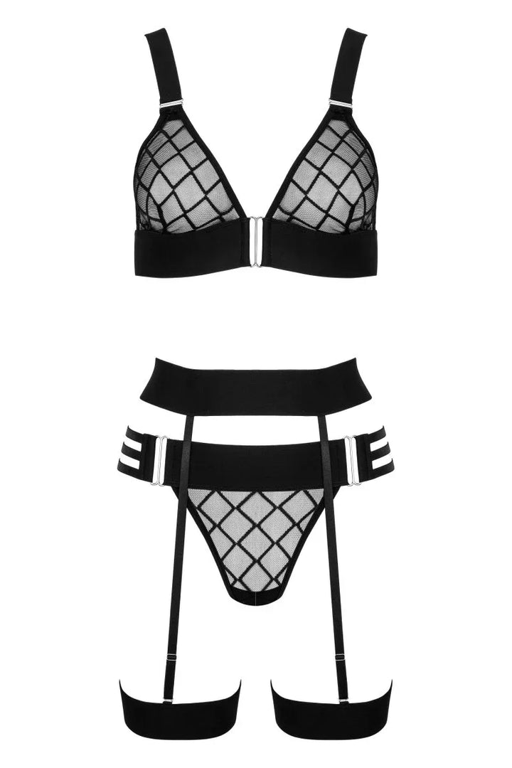 Zwarte mesh lingerieset met tailleband 3-delig