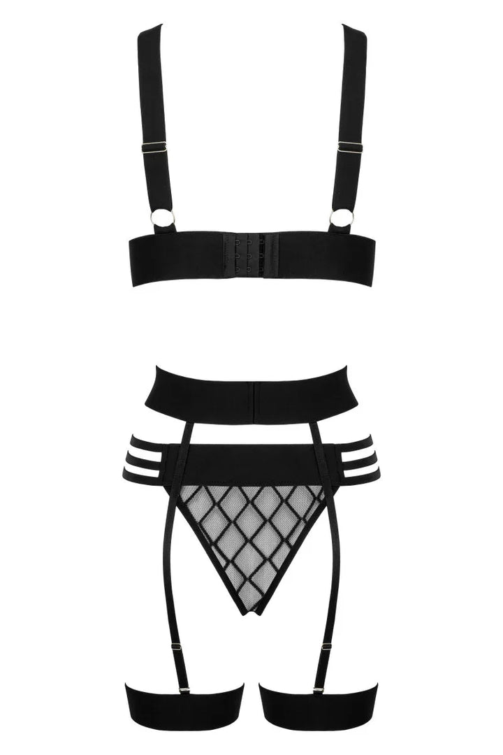 Zwarte mesh lingerieset met tailleband 3-delig